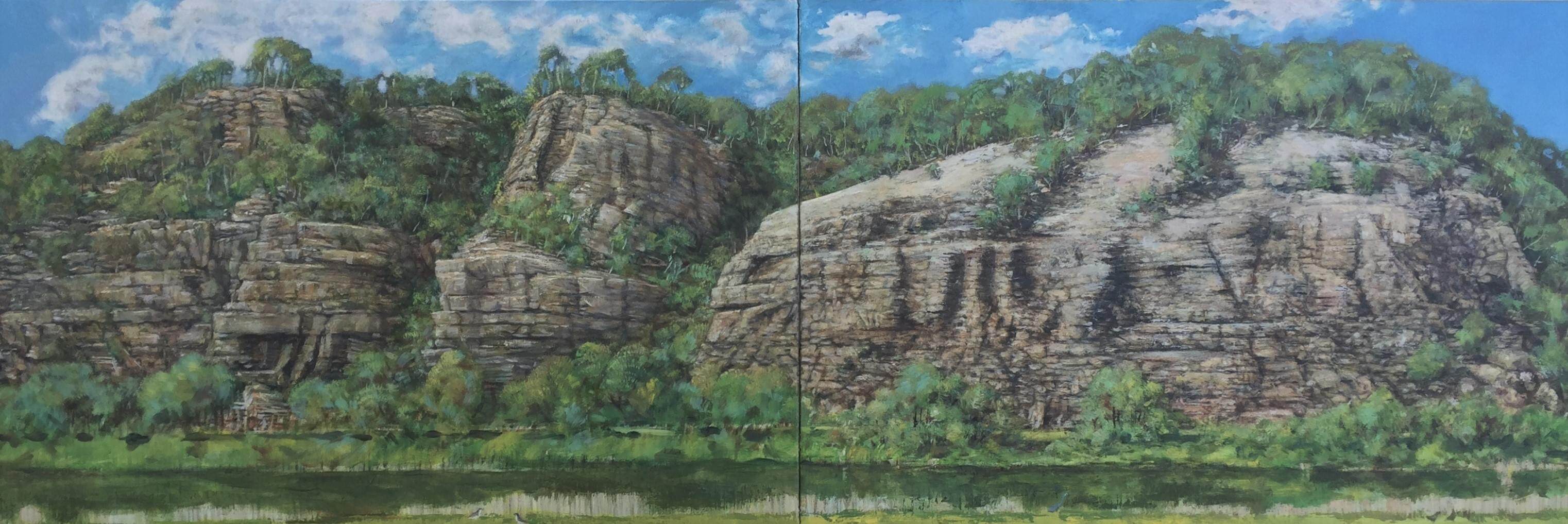 Derwent Valley, New Norfolk, 2019.  Oil on 2 part canvas, 187 x 64 cm. $4500 neg.