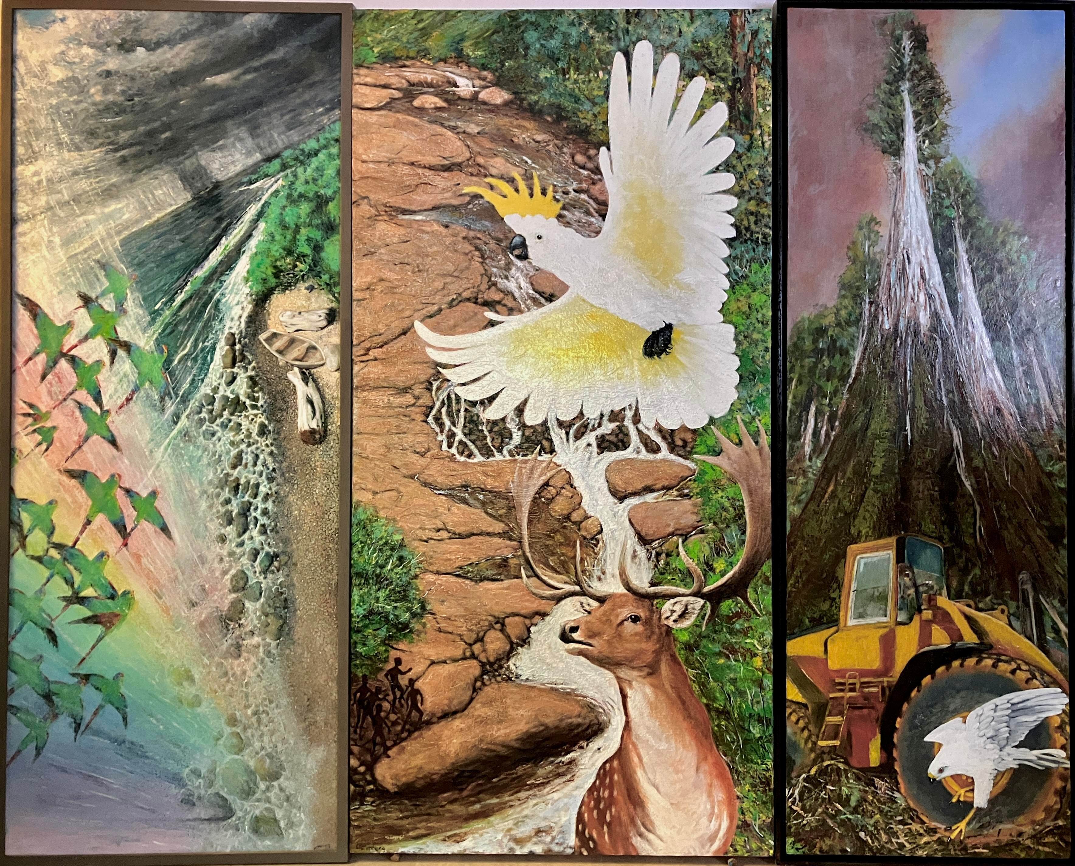 A triptych of southern Tasmania, Storm Bay, Water course and Car Park is a statement on sustainable conservation depicting the arrival, the introduction and the replacement of the indigenous biodiversity with introduced concepts like boats, feral animals and machinery, the consequences of which are clear enough across the landscape in this place.